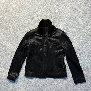 Tommy Hilfiger Womens Leather Jacket Black Ribbed Collar Full Zip Size L Trucker